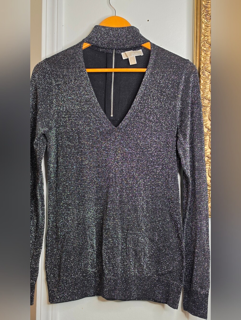 Michael Kors Black Iridescent Metallic V‑Neck Sweater